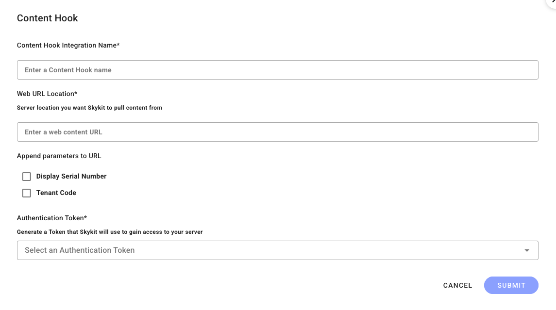 Form fields for setting up a Content Hook integration with Skykit.